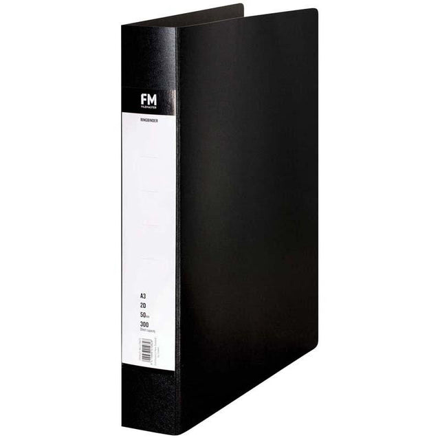 FM Ringbinder A3 in durable black trunkboard, holds 300 sheets, ideal for organizing documents and creative projects.