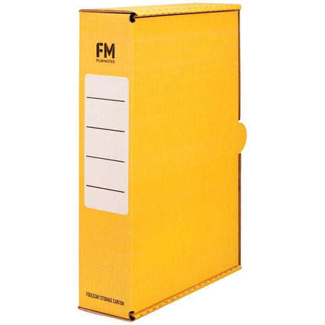 Vibrant yellow FM Storage Carton made of durable cardboard, featuring a large writing panel and finger hole for easy access.