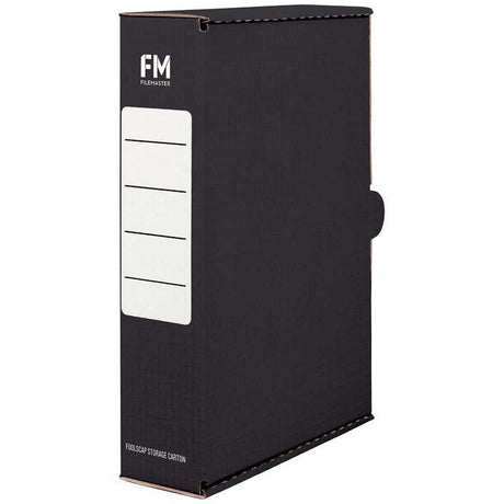 Black foolscap storage carton made of sturdy corrugated cardboard with a large writing panel and finger hole.