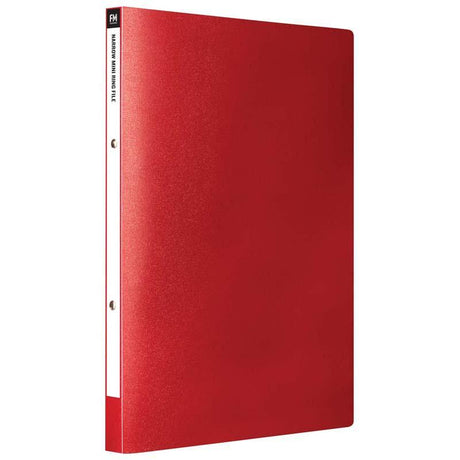 Red A4 mini ring binder with nickel-plated O-ring clips, holds 90 sheets, made from durable polypropylene.