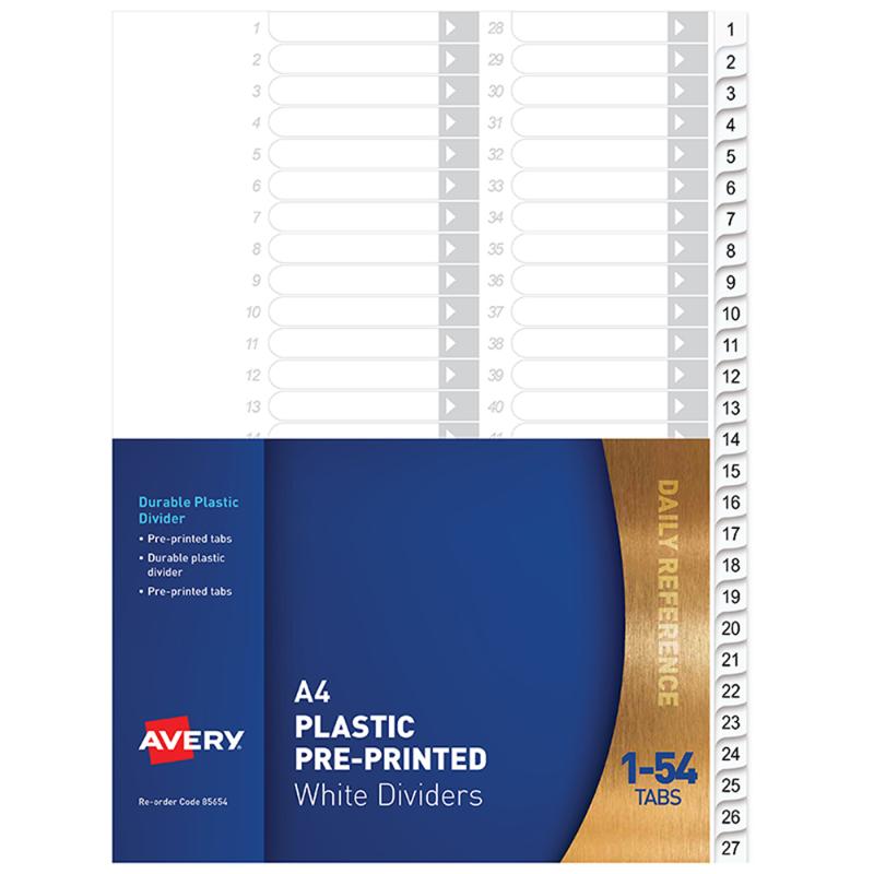 Avery Dividers A4 1-54 Tab White Pre-Printed