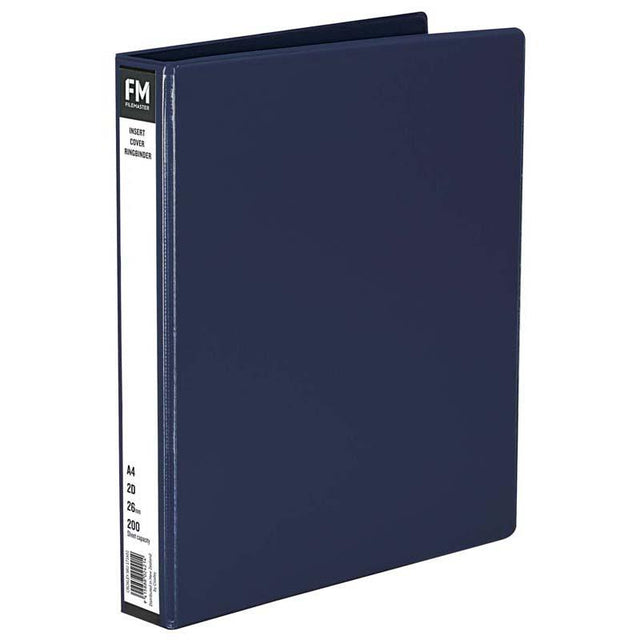 A blue A4 binder with clear insert cover, holds 200 sheets, crafted from durable polypropylene for stylish document organization.