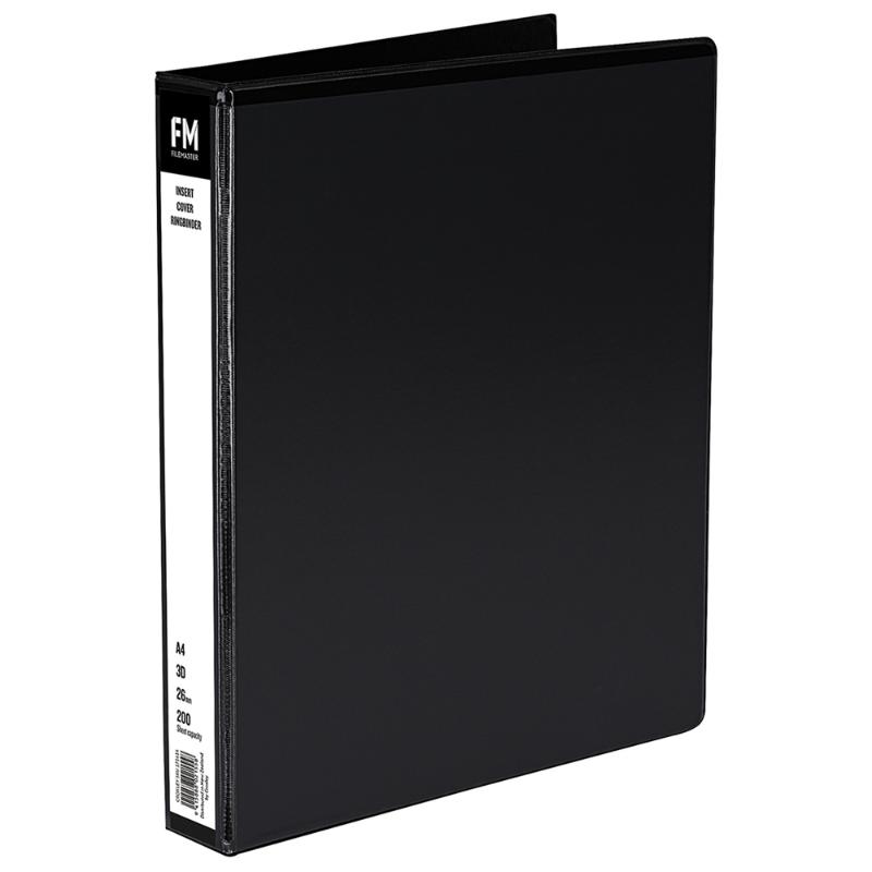 A4 black binder cover with 26mm ring, holds up to 200 sheets, stylish and durable for document organization.