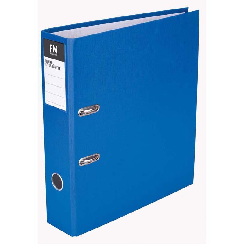 FM Binder Radofile in blue, A4 size, lever arch design, fits 375 sheets, crafted from durable polypropylene for document organization.