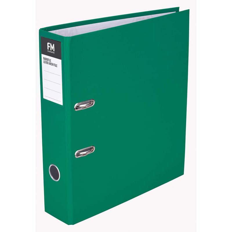 A durable green A4 lever arch binder with Rado fitting, holding 375 sheets, perfect for organizing documents.