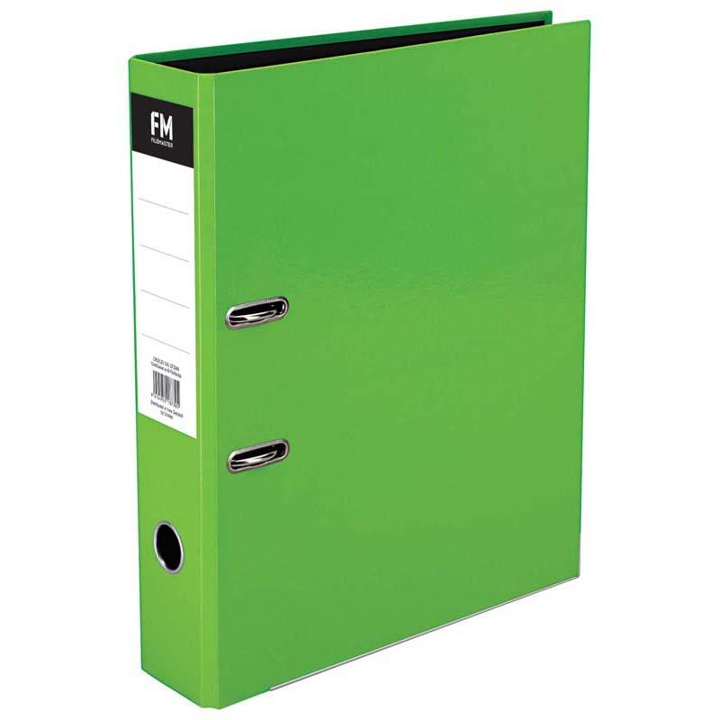 Vivid lime green lever arch binder with glossy laminated cover, holds 375 sheets, perfect for stylish document organization.