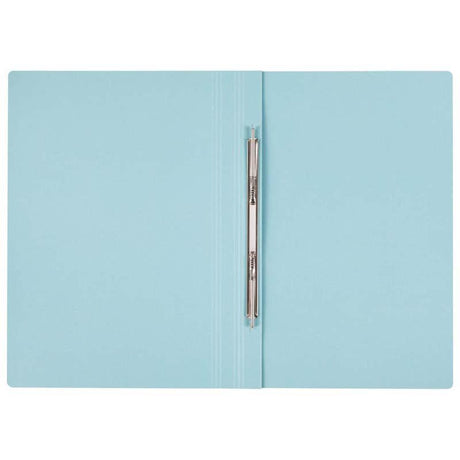 Durable blue foolscap file with two prongs and a sliding clip for secure document organization and management.