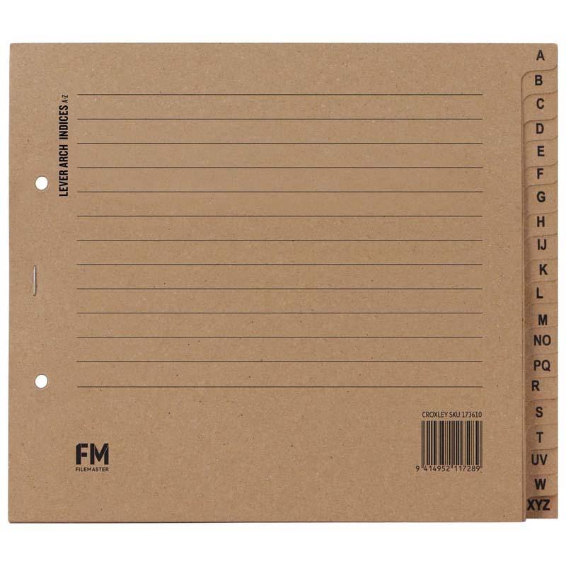 Kraft lever arch indices 225x195mm for efficient document organization with A-Z layout, compatible with lever arch files.