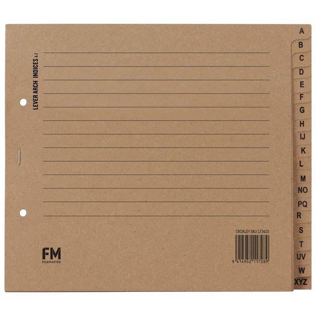 Kraft lever arch indices 225x195mm for efficient document organization with A-Z layout, compatible with lever arch files.