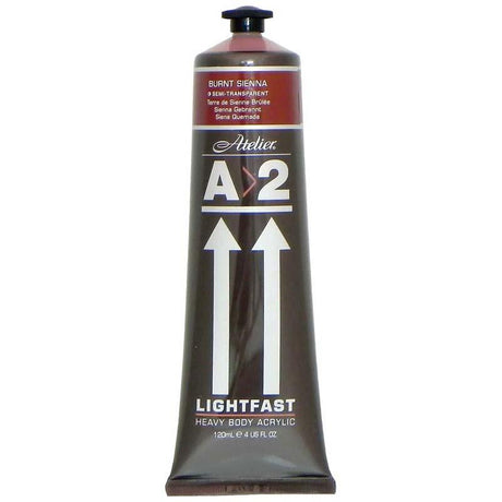 A2 Lightfast Heavybody Acrylic in Burnt Sienna, a versatile 120ml tube featuring rich pigment for vibrant artworks.