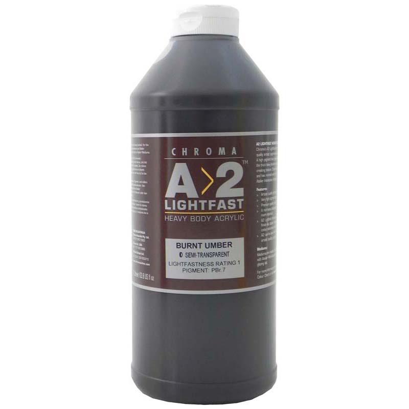 A2 Lightfast Heavybody Acrylic in Burnt Umber, 1 Litre tube, offers rich tones, excellent retention, and a low gloss finish.