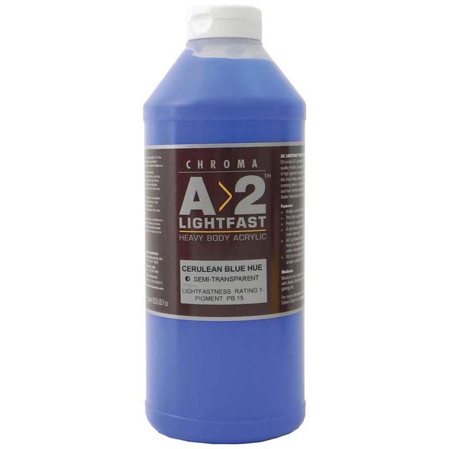 A2 Lightfast Heavybody Acrylic in Cerulean Blue, 1 Litre, vibrant color with excellent coverage and brush mark retention for artists.