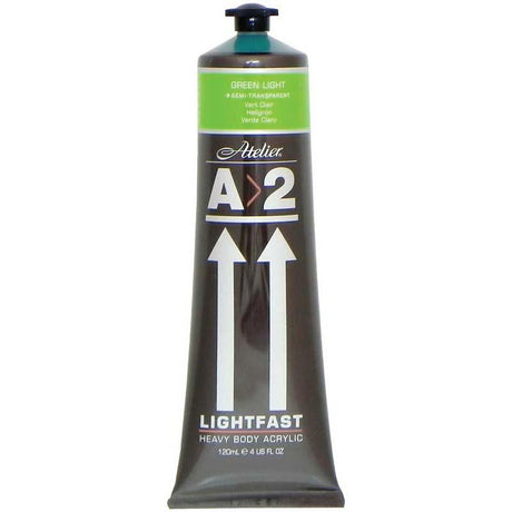 A2 Lightfast Heavybody Acrylic in Light Green, 120ml tube, vibrant, durable paint with excellent brush mark retention.