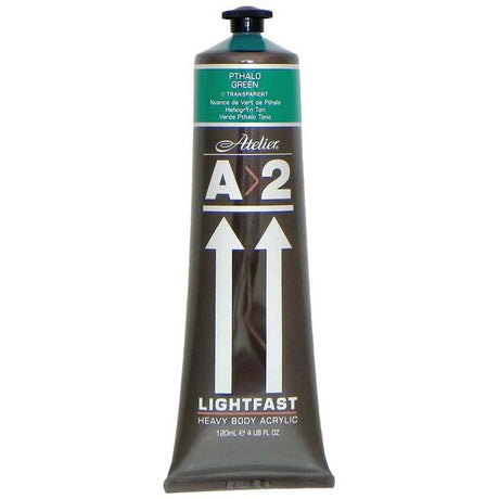 Vibrant A2 Lightfast Heavybody Acrylic in 120ml Pthalo Green, ideal for rich coverage and artistic versatility.