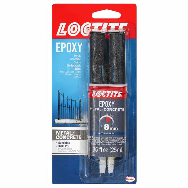 Loctite Metal Concrete Epoxy 25ml in double syringe, ideal for quick repairs on metal, concrete, and more with a durable bond.