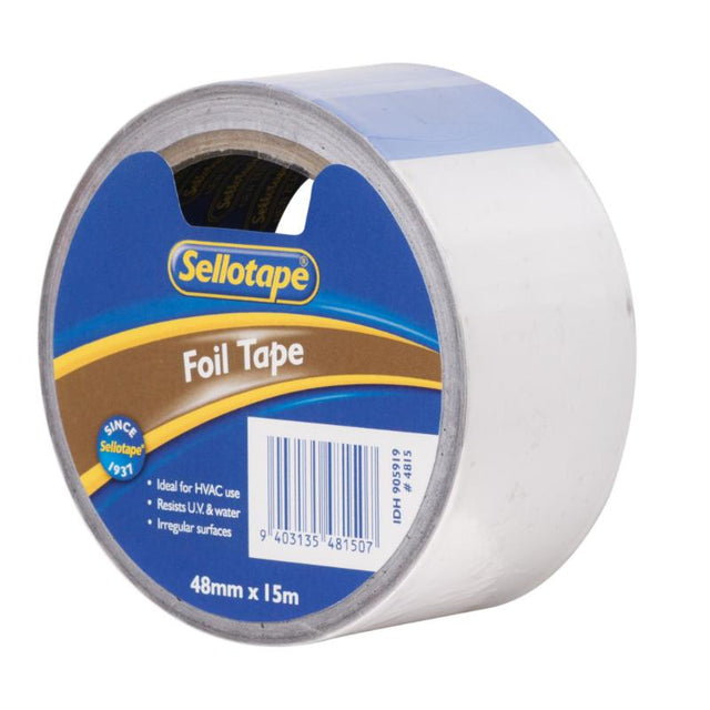 Sellotape 4815 Foil Tape, 48mm x 15m, versatile for HVAC use, U.V. and water resistant, adheres to irregular surfaces.