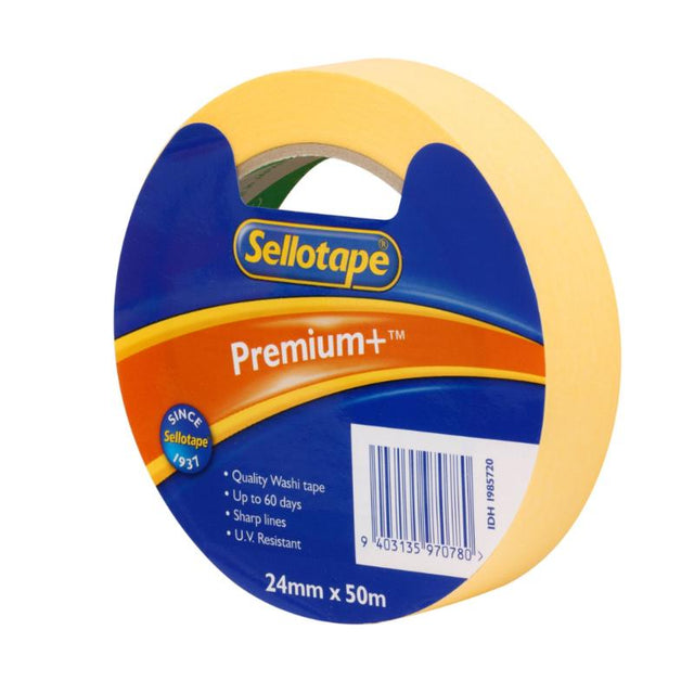 Sellotape Premium+ Washi Masking Tape in 24mm x 50m, vibrant and U.V. resistant, perfect for crafting and decorating projects.