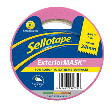 Sellotape Lupin Exterior Mask tape, 24mm x 30m, features high tack adhesion for sharp paint lines on various outdoor surfaces.