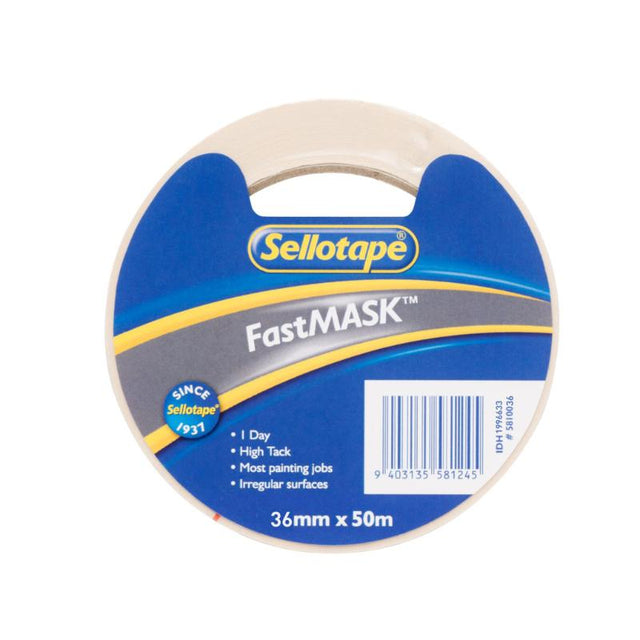 Sellotape FastMask 36mmx50m masking tape, ideal for sharp paint lines and uneven surfaces in indoor and outdoor projects.