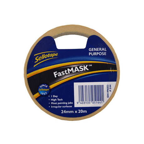 Sellotape 5144 GP Fastmask 24mm x 20m, high-tack masking tape for clean painting lines on various surfaces.