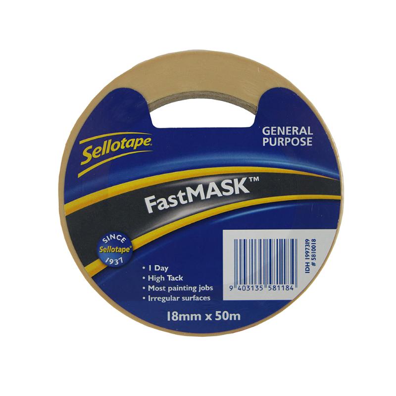 Sellotape 5810 FastMask masking tape, 18mm x 50m, ensures clean lines for versatile DIY and professional painting projects.