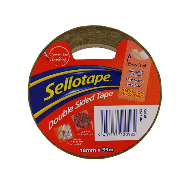 Sellotape 1205 Double Sided Tape, 18mm x 33m, ideal for scrapbooking and projects with its strong, removable adhesive.