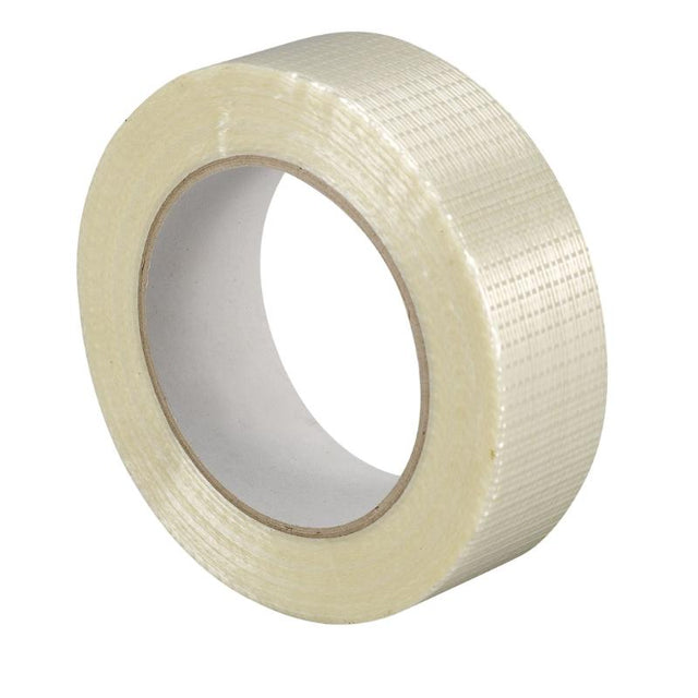 Sellotape 1307 Filament Tape 25mmx50m, strong and durable for bundling and securing heavy materials like steel and cables.