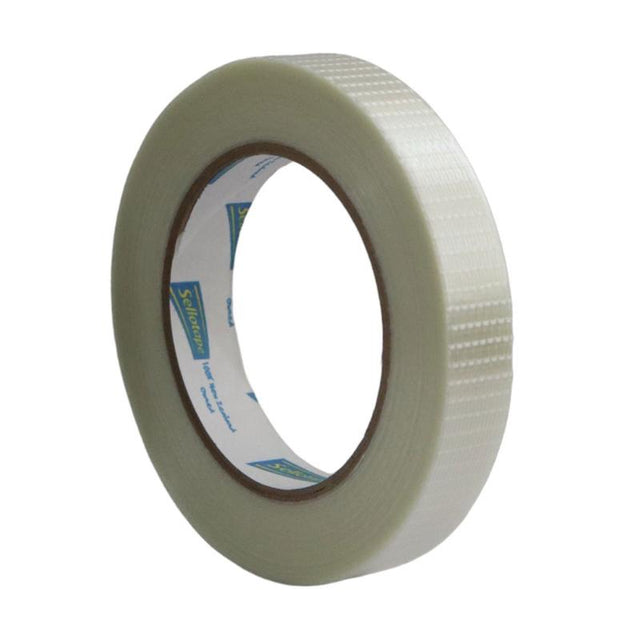 Strong filament tape, 19mm x 50m, ideal for bundling steel bars, pipes, and cables with high tensile strength.