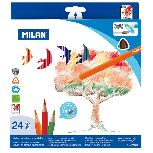 Milan Water Soluble Coloured Pencils in a triangular pack, featuring 24 vibrant colours for versatile dry and wet use.