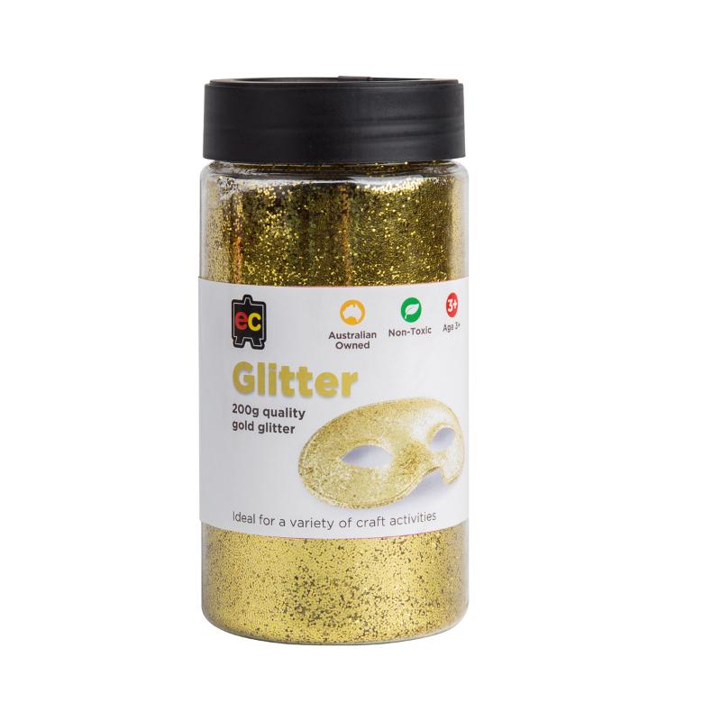 EC Glitter Gold 200gm in a jar, perfect for adding luxurious sparkle to various crafts and DIY projects.