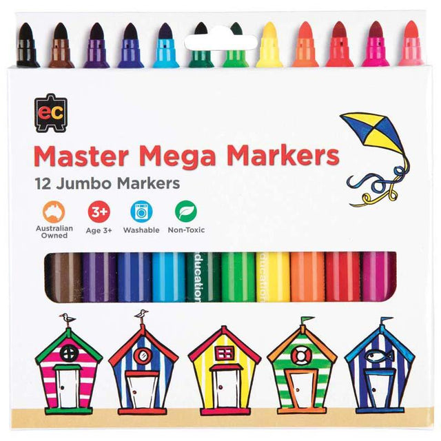 Pack of 12 EC Master Mega Markers with jumbo grips, washable non-toxic ink, broad tips for versatile coloring, and safety features.