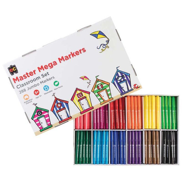 EC Master Mega Markers Box 288 with jumbo barrels, safe non-toxic ink, and broad tips for young artists' creativity.