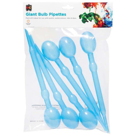 Set of 6 EC bulb pipettes, 23cm long, ideal for fine motor skill development and hand-eye coordination in children.