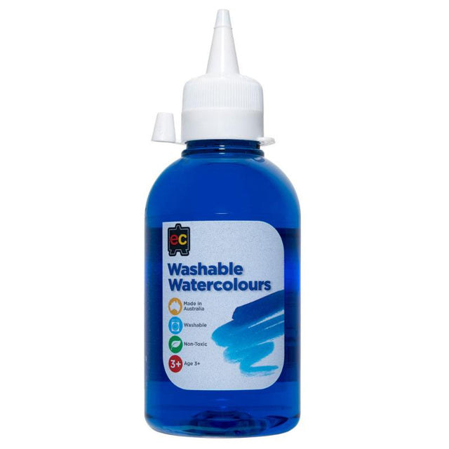 Blue washable watercolour paint in a 250ml bottle, ideal for creative projects on various surfaces and easy to clean.