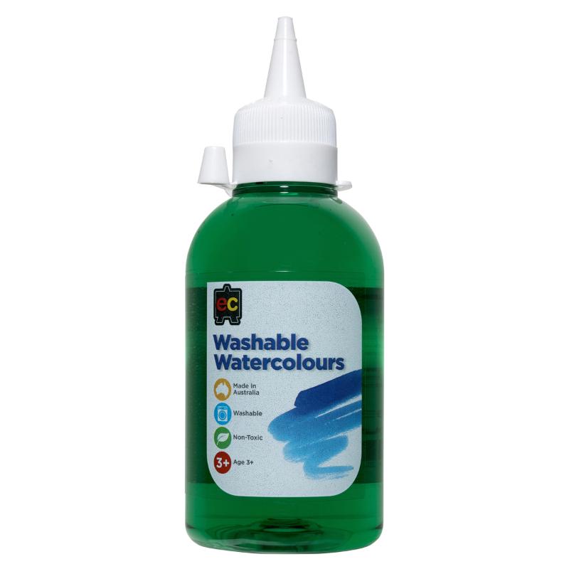 Washable green watercolours in a 250ml bottle, perfect for creative projects on various surfaces.