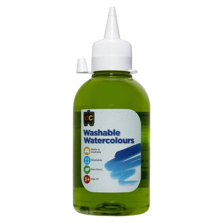 Washable lime watercolours in 250ml bottle, ideal for vibrant painting on various surfaces and easily cleans up.