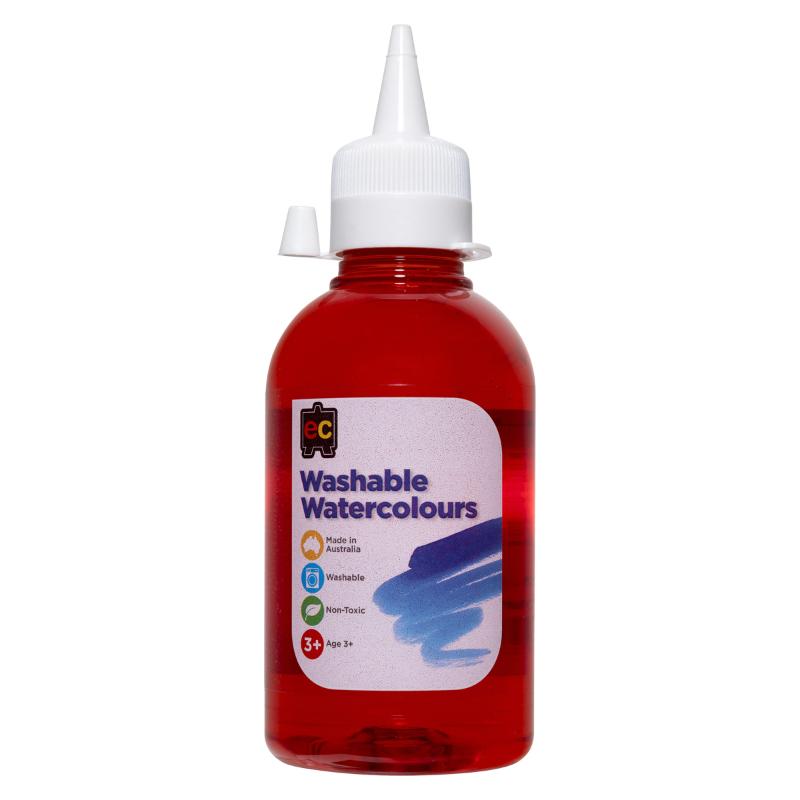 Bright orange washable watercolour paint in a 250ml bottle for creative art projects on various surfaces.