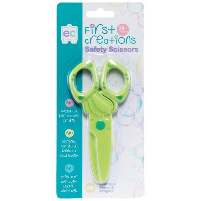 Durable plastic safety scissors for preschoolers, featuring blunted ends and designed for safe use with paper and dough.