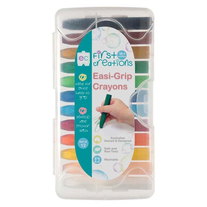 Vibrant Easi-Grip Crayons Set of 12 in a sturdy case, designed for little hands to encourage creativity and fine motor skills.