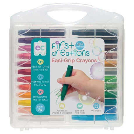 Hexagonal Easi-Grip crayons in vibrant colors, perfect for toddlers to develop fine motor skills, stored in a sturdy carry case.