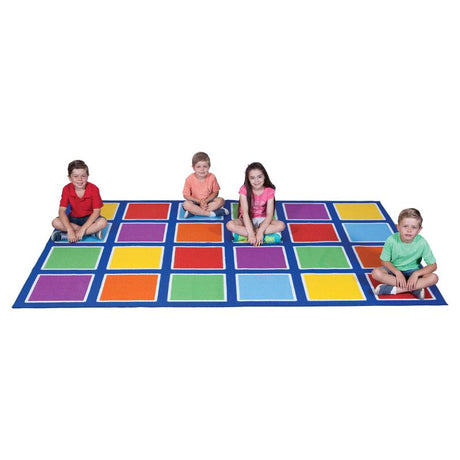 Colourful placement rug featuring 24 vibrant squares perfect for children's play areas, measuring 3m x 2m.
