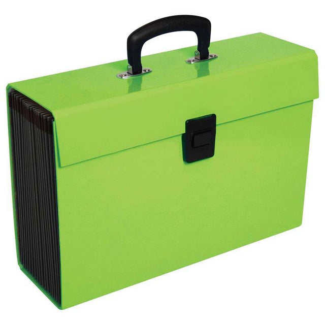 Vivid lime green 19-pocket expanding file folder for stylish and organized document storage with A-Z and date tabs.