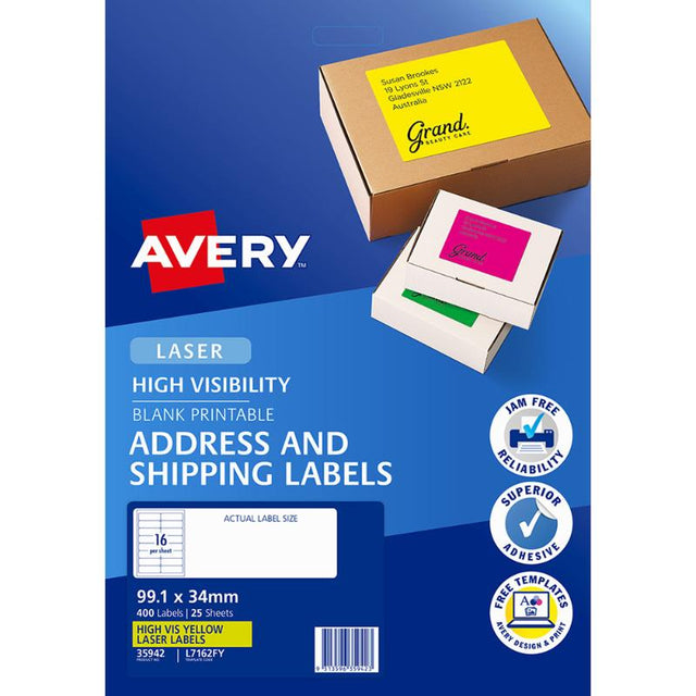 High-visibility Fluoro Yellow Avery Shipping Labels, 99.1x34mm, 400 total labels for easy identification and organization.