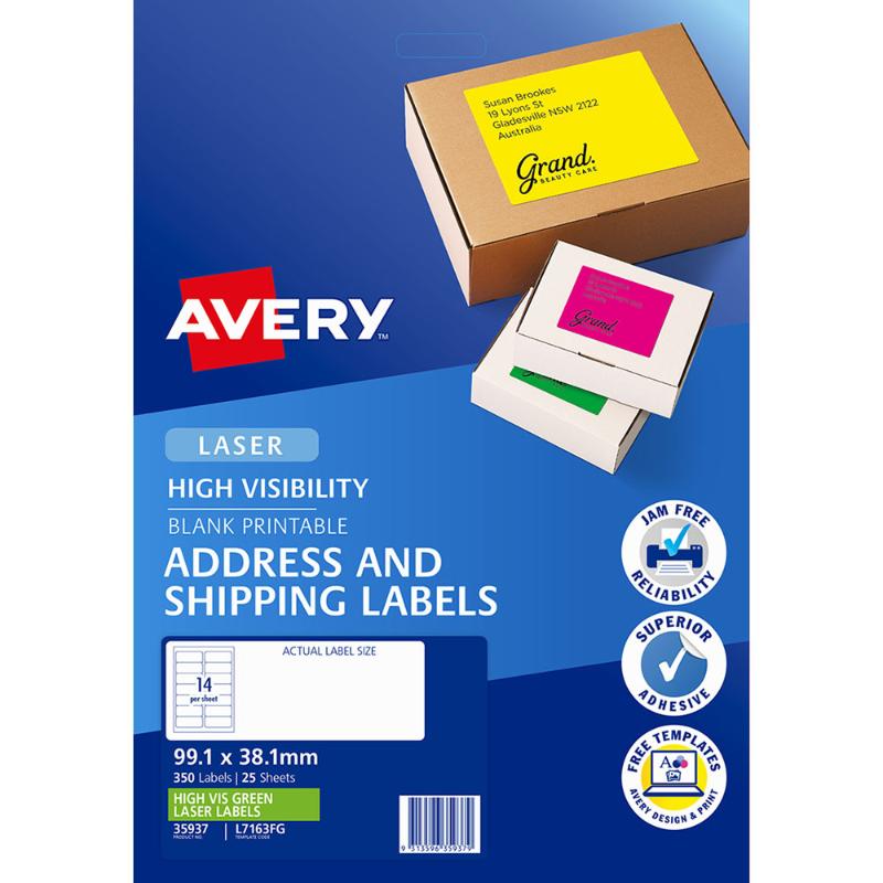 Avery Shipping Label L7163FG Fl Green Laser 99.1x38.1mm 14up 25 Sheets