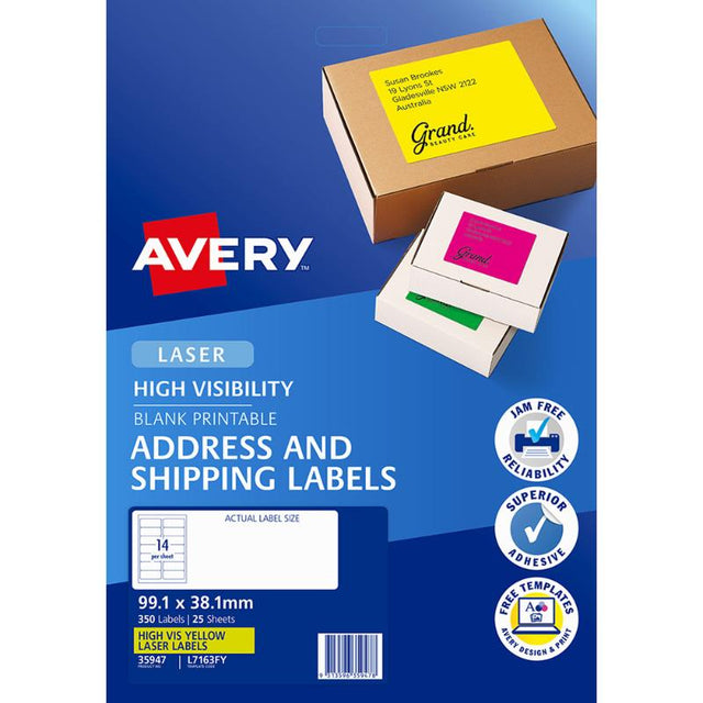 Bright yellow Avery shipping labels, 99.1x38.1mm, 25 sheets with 14 labels each, ideal for efficient and visible shipping.