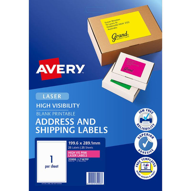 Avery L7167FP pink shipping labels on 25 sheets, designed for laser printers, ensuring high visibility and easy customization.