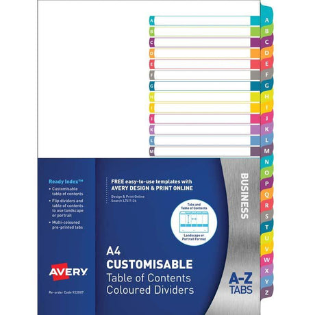 Colorful A4 A-Z tab dividers with customizable contents, designed for easy organization and versatility in landscape or portrait formats.