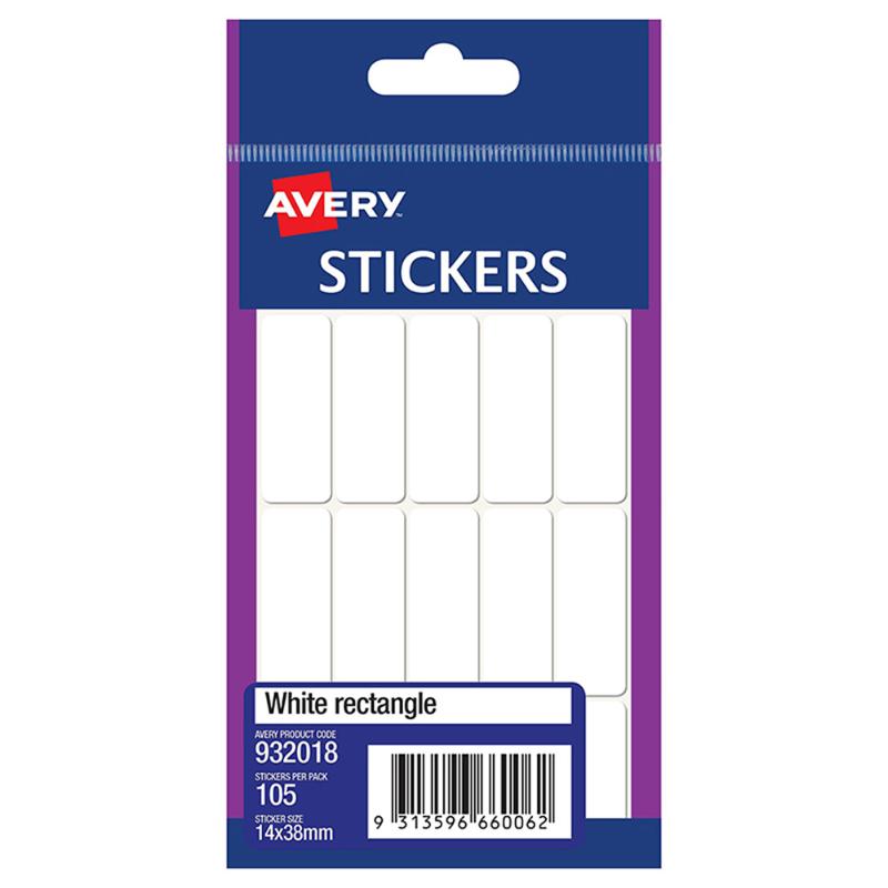 Avery Label Hangsell pack with 105 white labels, 14x38mm, ideal for versatile home, school, and office labeling projects.