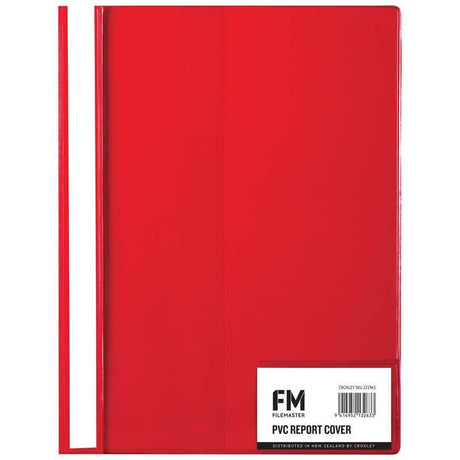 A4 red PVC cover with business card holder and two-prong fastener, ideal for organizing documents stylishly.