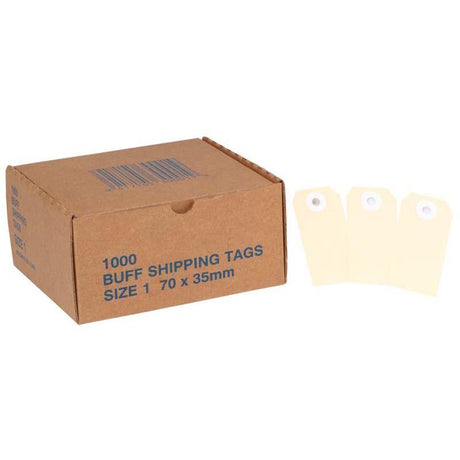 Box of 1000 Globe Manilla Tags, 70x35mm, durable cardboard for easy labeling of packages, luggage, and cargo.